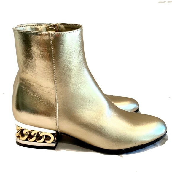 Bamboo “Hype” Gold Metallic Mixed Medal Booties Chain Heel Decoration Size - Picture 5 of 9